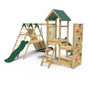 Rebo Wooden Climbing Frame with Vertical Rock Wall, Swing Set and Slide - Crestone+