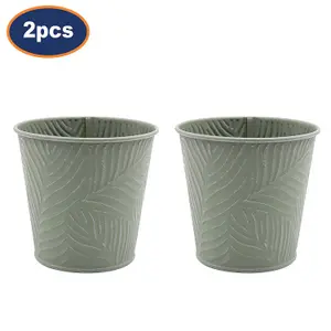 Metal Planter 2pc Pastel Green 2.3L Embossed Leaf Plant Flower Decor Pots Garden