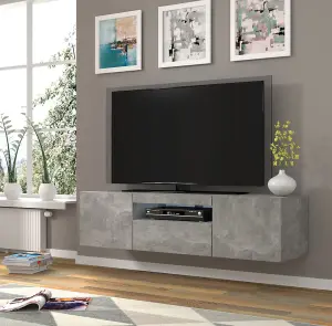 Aura Modern TV Cabinet 150cm in Concrete with Blue LED Lighting - W1500mm x H36-420mm x D370mm