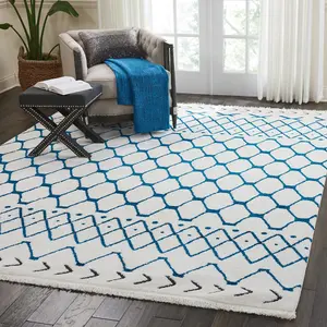 White Blue Shaggy Modern Moroccan Geometric Rug Easy to clean Living Room Bedroom and Dining Room-239cm X 320cm