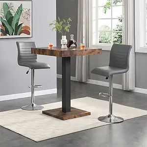 Furniture In Fashion Topaz Rustic Oak Wooden Bar Table With 2 Ripple Grey Stools