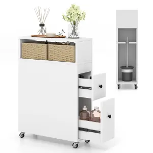 Costway Slim Bathroom Storage Cabinet Narrow Rolling Storage Organizer w/ 2 Drawers