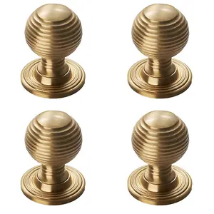 4 PACK - Reeded Ball Door Knob - 35mm Satin Brass Lined Cupboard Pull Handle & Rose