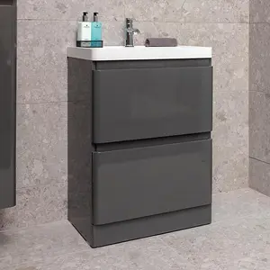 Marvel 600mm Floor Standing Bathroom Vanity Unit in Dark Grey Gloss with Resin Basin