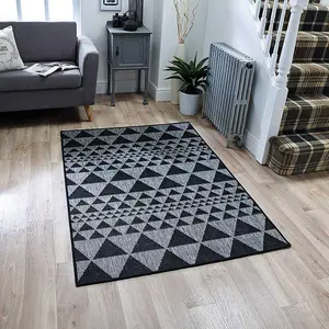 Modern Easy to Clean Flatweave Anti-Slip Geometric Black Rug for Dining Rug-160cm X 225cm