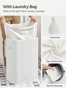 SONGMICS Laundry Basket With Lid, 72L, Bamboo Laundry Hamper, Collapsible Laundry Bin With Removable Washable Liner Bag, White