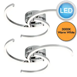 First Choice Lighting Set of 2 Curve Chrome LED Flush Ceiling Lights