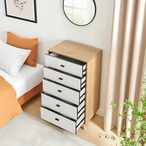 Furniturebox UK Bisset Off-White & Wood Effect Chest of 5 Drawers