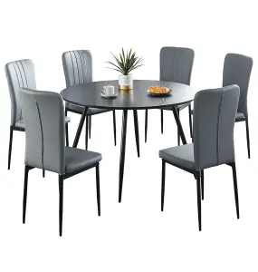 Hallowood Furniture Cullompton Large Black Round Dining Table 120cm with 6 Light Grey Faux Leather Chairs