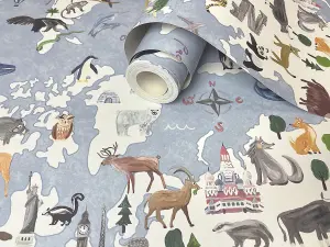 Animal Maps Blue Children's Wallpaper