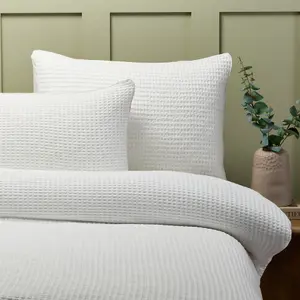 Waffle Double Duvet Cover and Pillowcases Bedding Set Pure White Premium Cotton