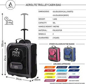 Aerolite MiniMAX 30L EasyJet 45x36x20 Maximum Size Cabin Hand Luggage Under Seat Trolley Backpack Carry On Cabin Hand Luggage Bag