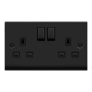 Matt Black 2 Gang 13A DP Ingot Twin Double Switched Plug Socket - Black Trim - SE Home