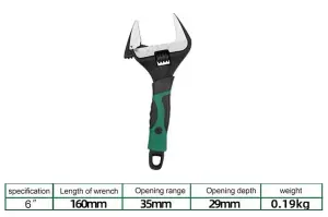 Wide opening adjustable wrench, 160mm long soft grip