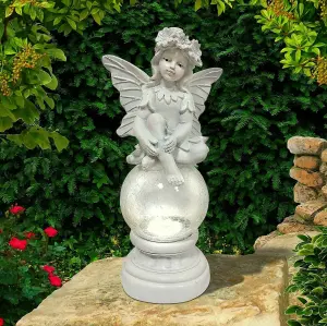 Garden Fairy With Solar Light-up Features - Decorative Fairy Statue With Crackled Glass Ball Light - Decoration Ornament Table Top