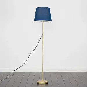 ValueLights Standard Floor Lamp In Gold Metal Finish With Navy Blue Tapered Shade - Complete With 6w LED GLS Bulb In Warm White