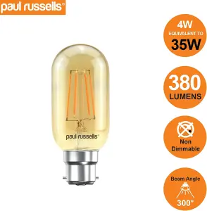 paul russells LED Filament T45 Bulb, 4W 380 Lumens, 35w Equivalent, 2200K Amber, Pack of 6