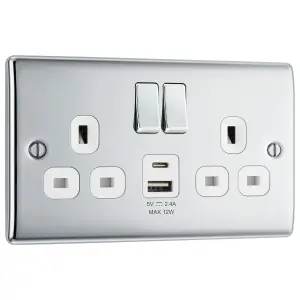 BG Polished Chrome Double 13A 12W Raised slim Switched Screwed Socket with USB, x2 & White inserts