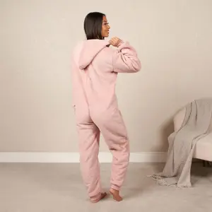 OHS Soft Fleece Onesie Hooded Loungewear Pyjamas, Blush - Medium