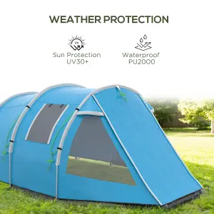 Outsunny 3-4 Persons Tunnel Tent, Two Room Camping Tent w/ Windows, Blue