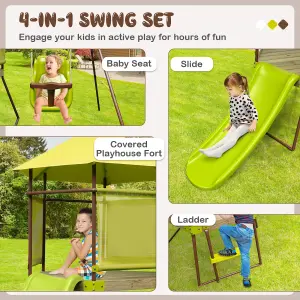 Costway Outdoor Kids Swing Slide Set Metal Backyard Swing Set W/ Covered Playhouse Fort