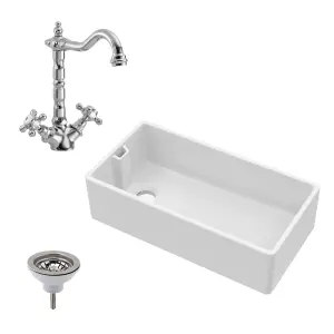 Fireclay Belfast Kitchen Sink with Overflow, French Classic Tap & Waste 895mm