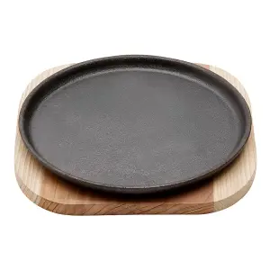 24cm Dia Black Frying Pans Round Cast Iron Grill Pan with 25cm Dia Wooden Tray