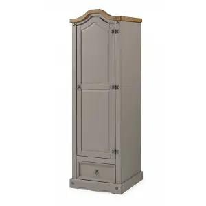 Mercers Furniture Corona Grey Wax 1 Door 1 Drawer Wardrobe Single Arch Top Solid Pine with Mexican Styling