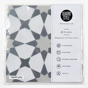 Quadrostyle Agadir Grey Wall Tile and Furniture Vinyl Stickers 15cm(L) 15cm(W) pack of 6