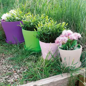 Pink Plastic Plant Pot - Weatherproof Colourful Home or Garden Planter with Drainage Holes & Saucer - H13 x 10cm Diameter