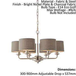 Ceiling Pendant Light - Bright Nickel Plate & Charcoal Fabric - 6 x 28W E14