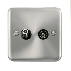 Curved Satin / Brushed Chrome Satellite And Isolated Coaxial 1 Gang Socket - Black Trim - SE Home