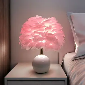 E27 Modern Apricot Pink Feather Lampshade Table Lamp Fixture Decor - Warm Light