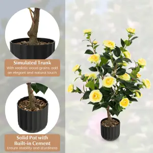 Costway Artificial Camellia Tree Faux Flower Plant Artificial Tree in Cement Pot Greenery Potted Plant Free Maintenance