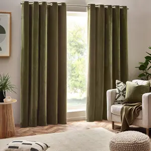 Yard Heavy Chenille Velvet Eyelet Curtains, Olive