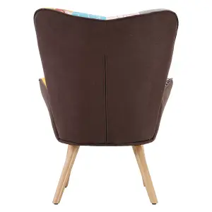 Linen Armchair with High Back and Wooden Legs