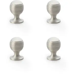 4 PACK - Reeded Ball Door Knob - 25mm Diameter Satin Nickel Lined Cupboard Pull Handle