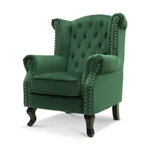 Velvet Wing Back Fireside Henley Chair Armchair with Buttons Emerald Green