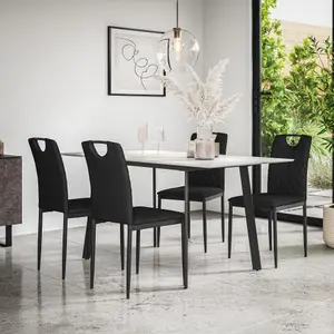 Haydon Extending Dining Table + Chairs- White Marble Effect Table Top w Black Legs + 4 Monza Faux Leather Dining Chairs (Black)