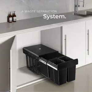 Kitchen Bin Ashlyn - 3 compartments, telescopic rails, 31L total capacity - black