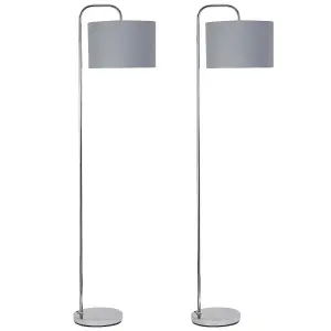 First Choice Lighting Set of 2 Chrome Arched Floor Lamps with Grey Cotton Shades