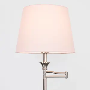 ValueLights Sinatra Adjustable Swing Arm Floor Lamp In Brushed Chrome Finish with Pink Tapered Light Shade with LED GLS Bulb