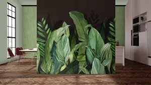 Galerie Tropical Collection Blackberry Black Large Tropical Leaf Design 4-Panel Wall Mural