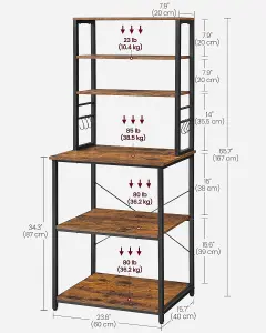 VASAGLE Culinary Organizer, Coffee Corner, Baking Station, 6 Shelves with 6 Hooks, Sturdy Metal, Industrial, Rustic Brown & Black