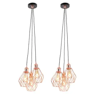 First Choice Lighting Set of 2 Matt Black & Copper Geometric 3 Light Cluster Pendants