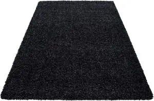 Modern Small Anthracite Fluffy Shaggy Area Rug For Living Room, Anti-Shed Thick Pile Floor Carpet - 80x150 cm