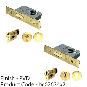 2 PACK - 76mm EURO Deadlock & Cylinder Key Thumbturn Kit - Polished Brass Door Lock Pack