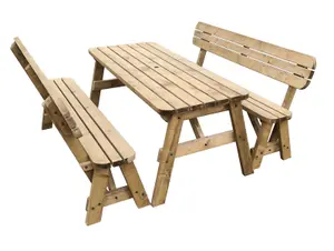 Victoria wooden picnic bench and table set, rounded outdoor dining set with backrest(8ft, Rustic brown)