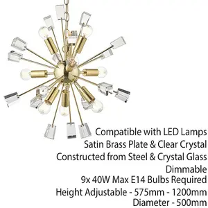 Multi Light Hanging Ceiling Pendant Satin Brass & Crystal Feature Star Rods Lamp