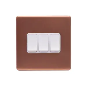 Brushed Copper Screwless Plate 10A 3 Gang 2 Way Light Switch - White Trim - SE Home